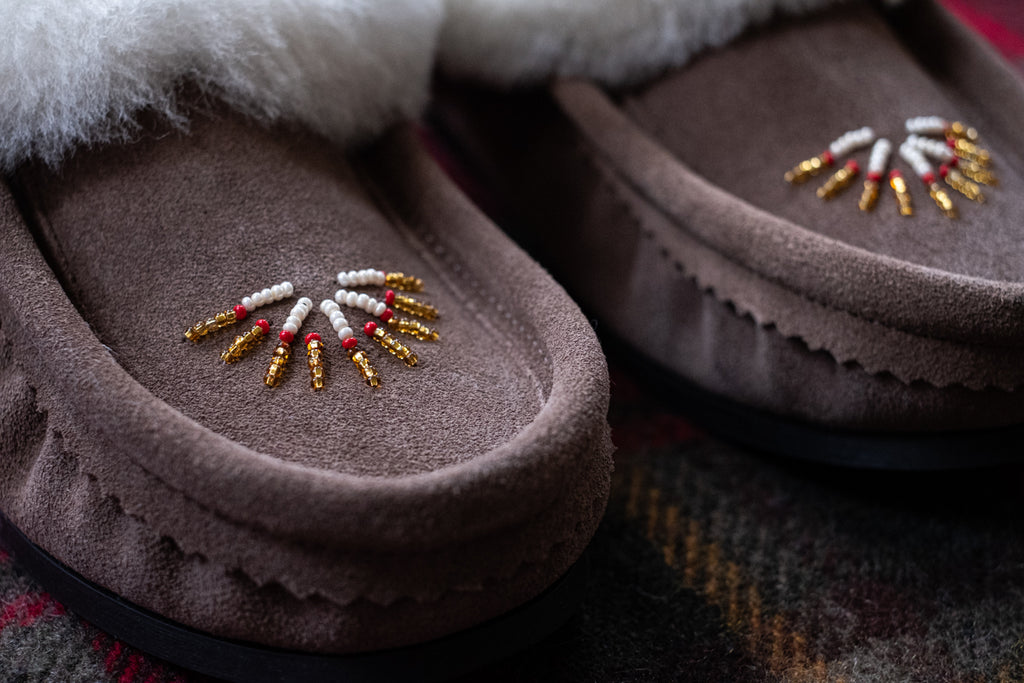 close-up of hand-beading on moccasins Native style