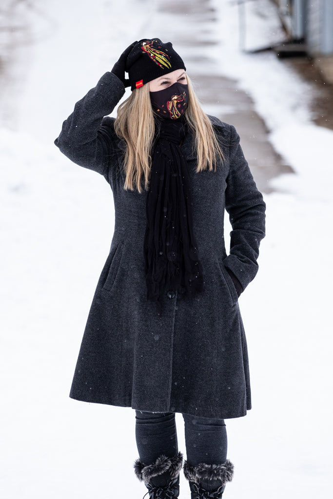 Winter outfit with matching covid face mask and hat