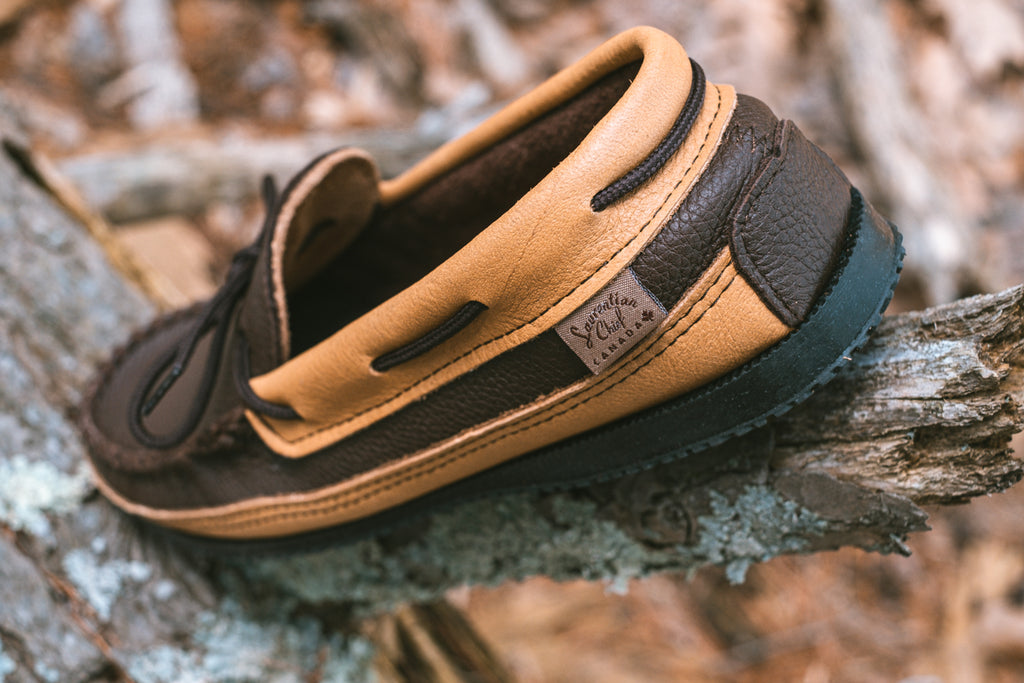 Moose hide leather accents on moccasins