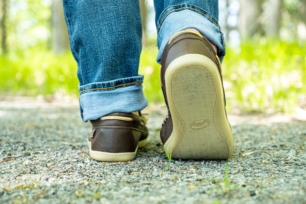 Walking in a pair of rubber sole comfy moccasins