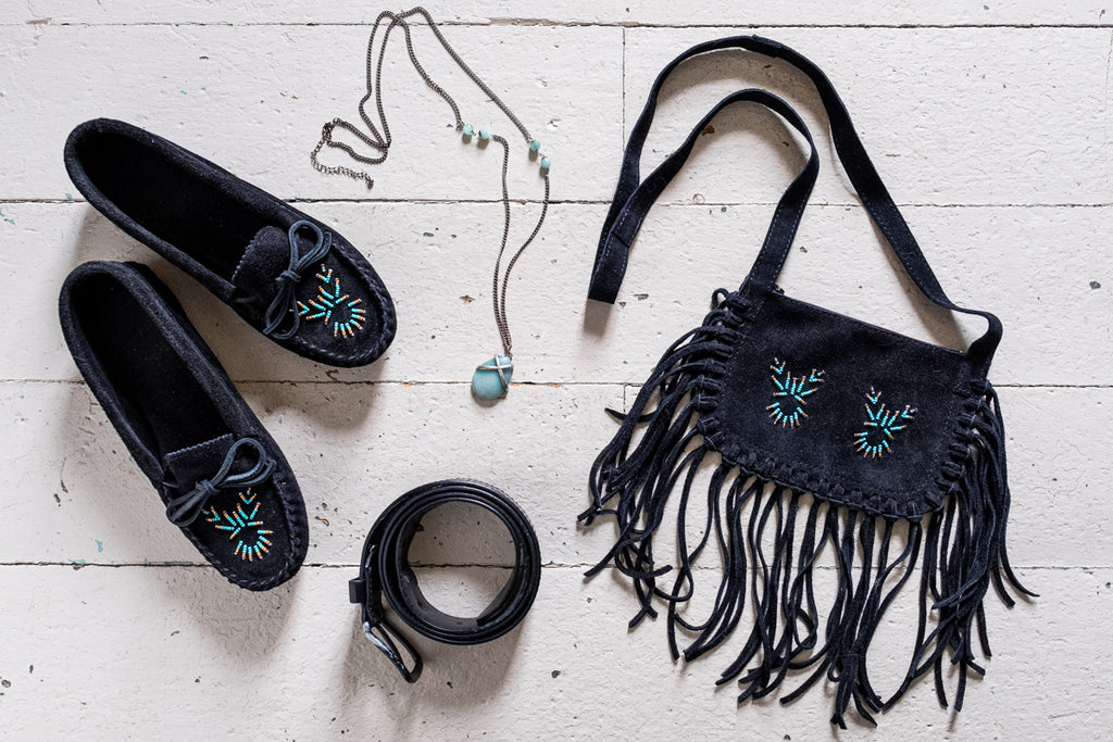 black moccasins black purse turquoise jewelry and beading native style