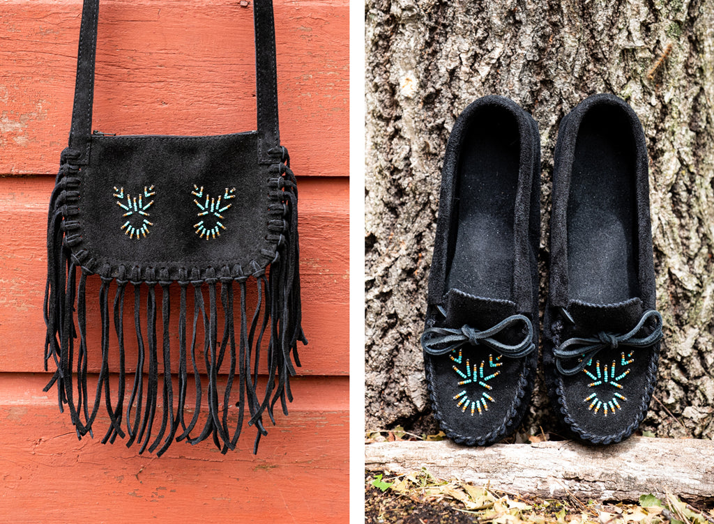 black matching moccasins and fringed purse native american style