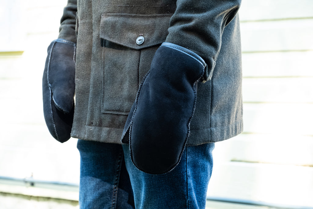 Black sheepskin winter mittens