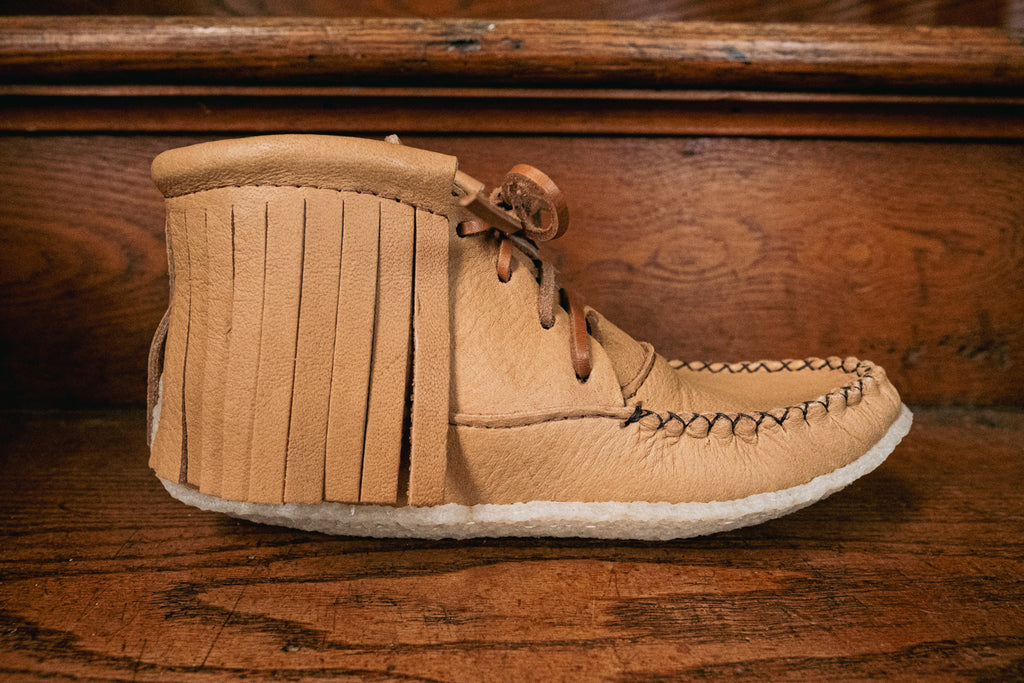Long fringe on a pair of authentic Native moccasins by Bastien Industries