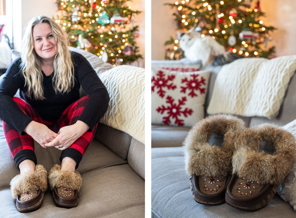 pretty woman wearing rabbit fur moccasin slippers around the house during the holidays