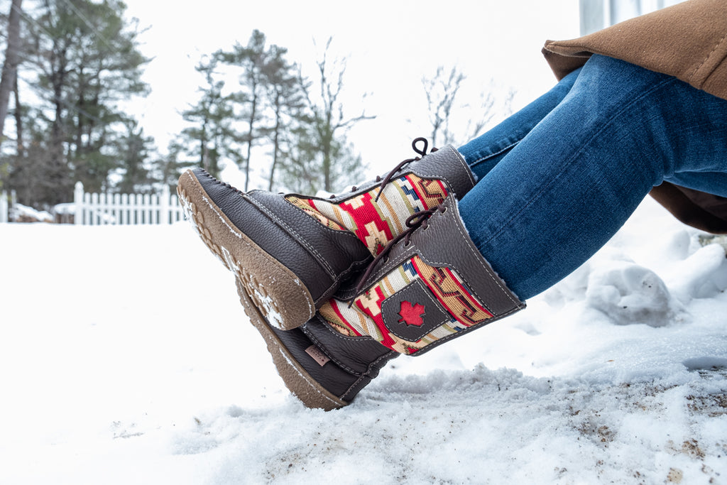 Women's Native American style mid-calf ankle moccasin boots with applique pattern