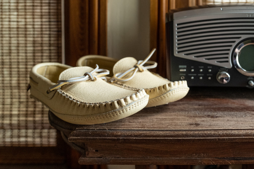 Caribou leather light tan made in Canada moccasins for men