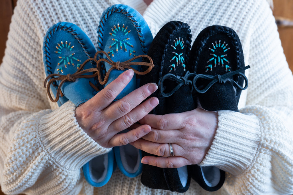 woman embracing her authentic moccasins
