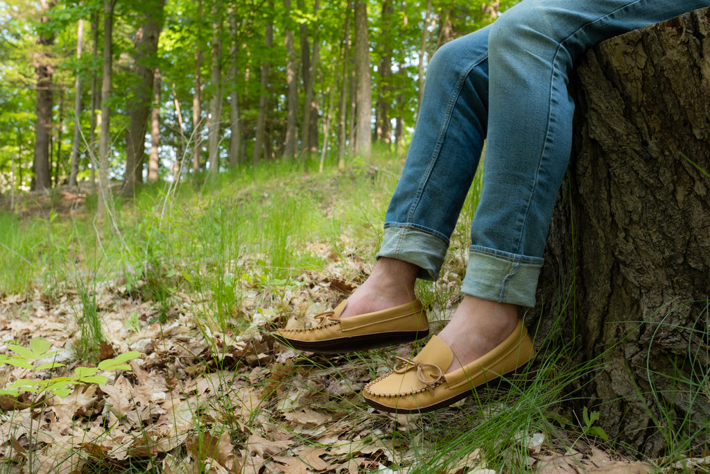 Leather moccasins for Earthing, connecting to the earth made in Canada