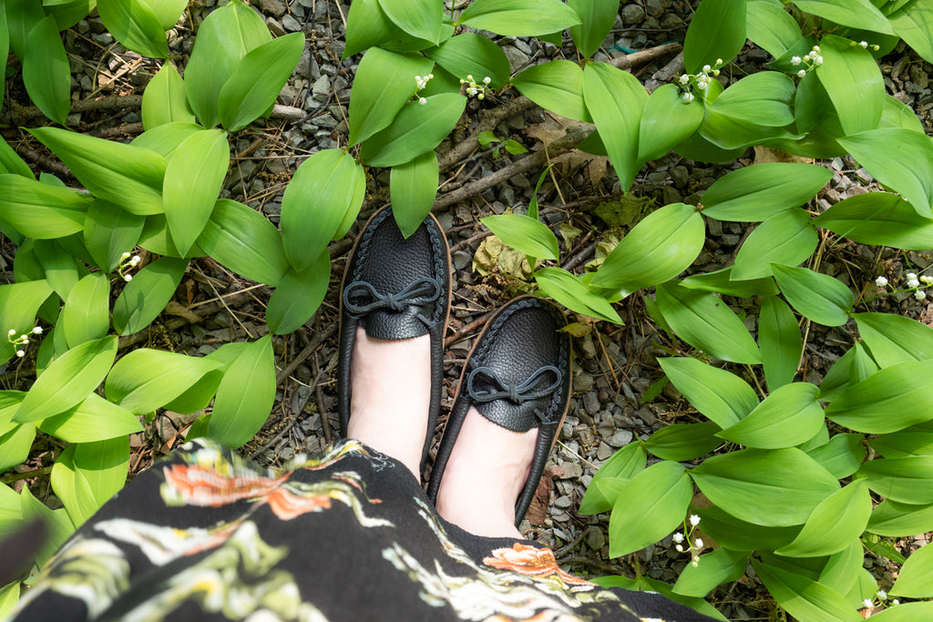 Women's grounding moccasins for earthing made in Canada from genuine leather