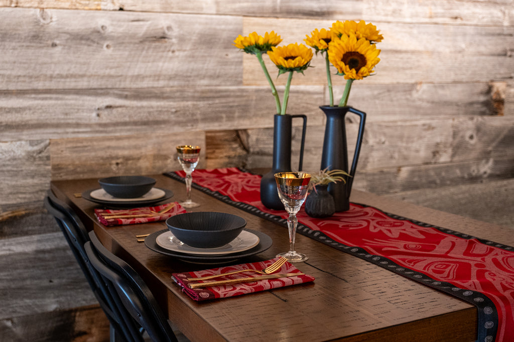 Running Raven matching table runner and napkin by Morgan Asoyuf from Native Northwest