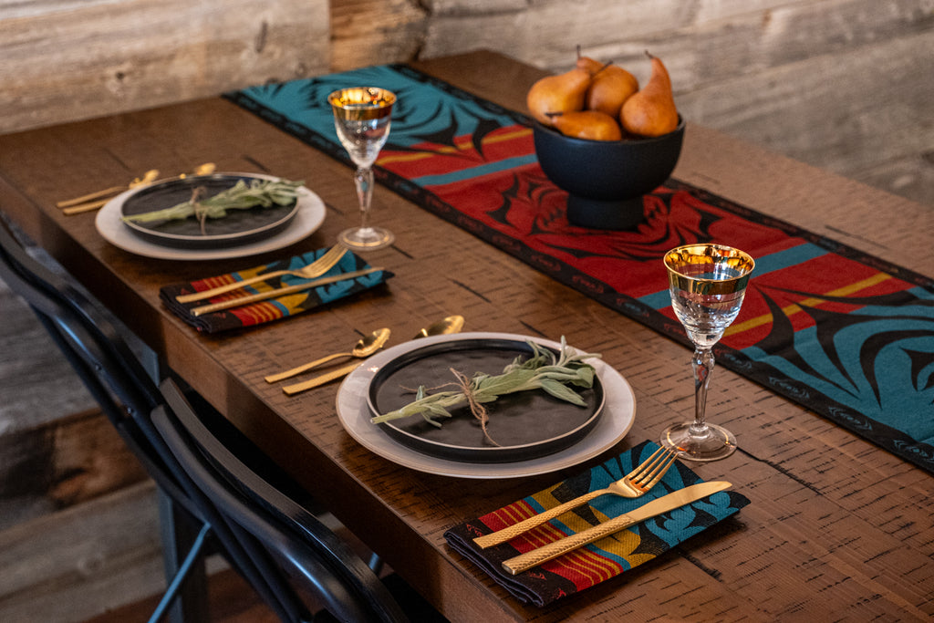 stunning table setting by Simone Diamond Native Indigenous Artist featuring Salish Sunset pattern
