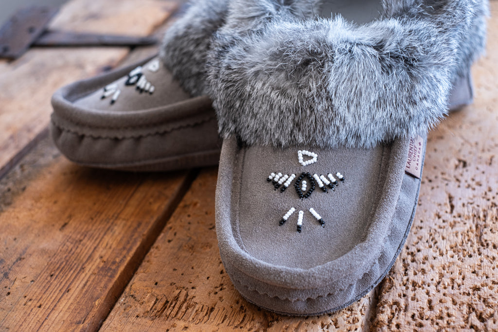 Rabbit Fur Moccasins with Native Thunderbird Design on Vamp