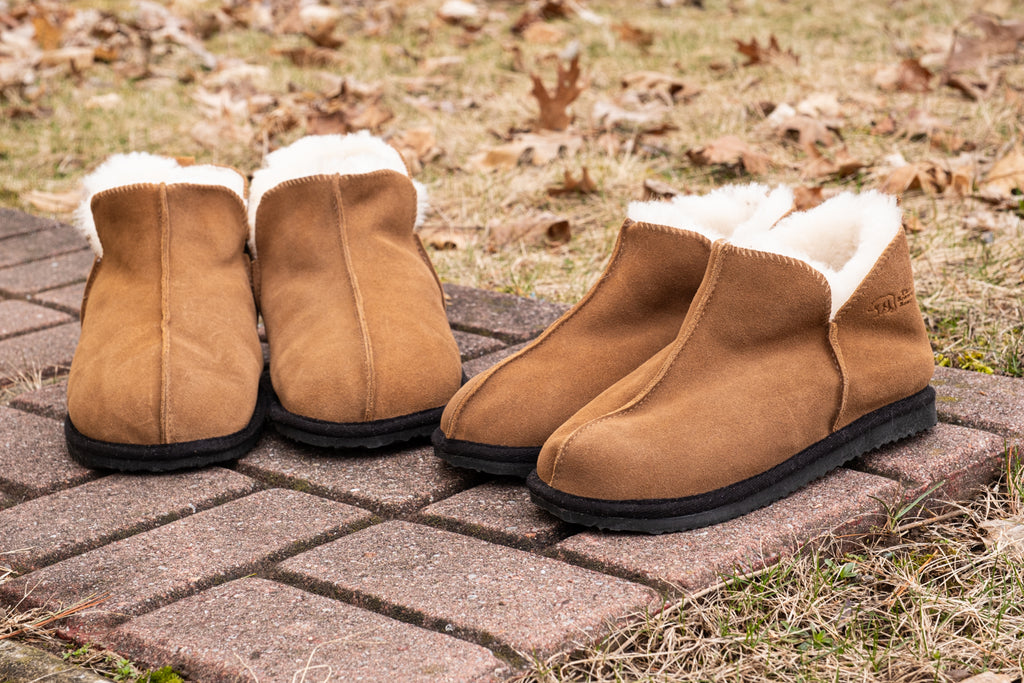 unisex sheepskin ankle slippers with hard rubber sole and side dip