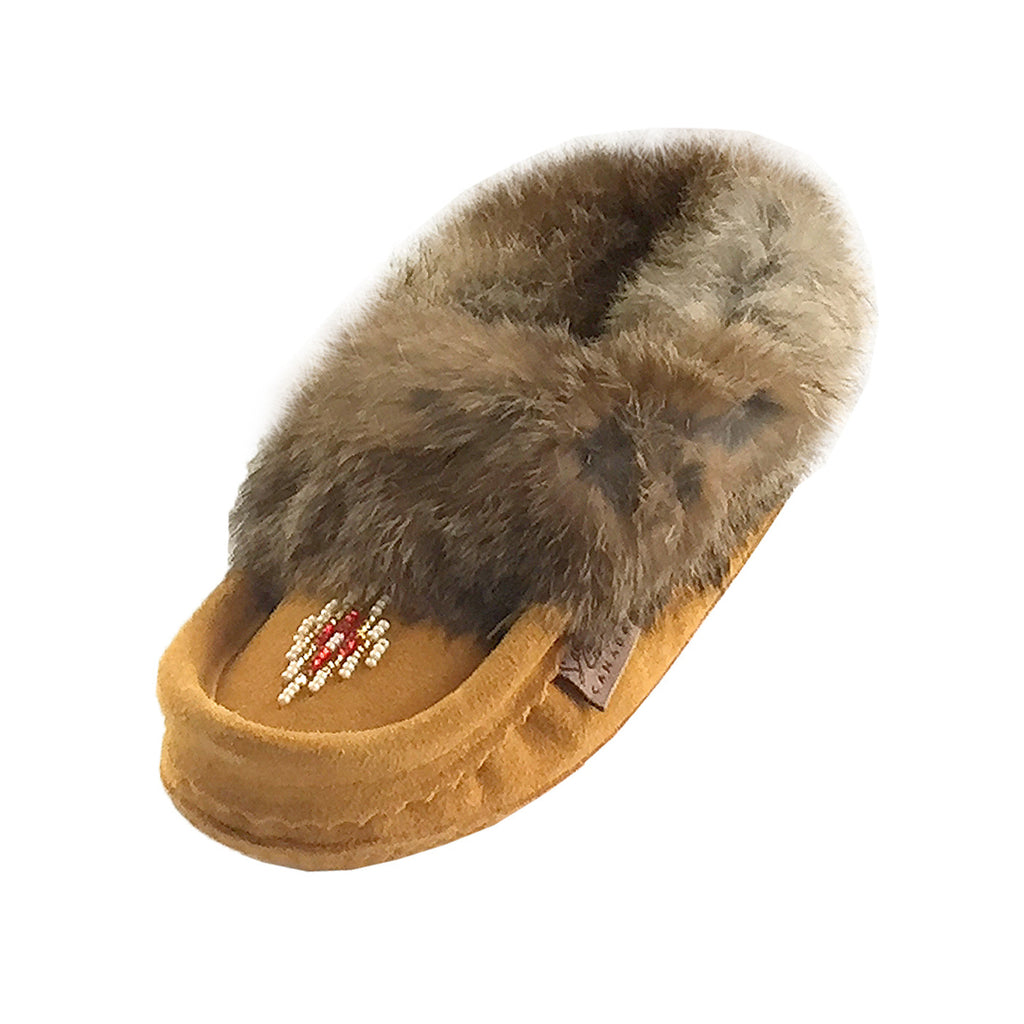 Junior Genuine Suede Leather Beaded Rabbit Fur Trim Moccasin Slippers ...