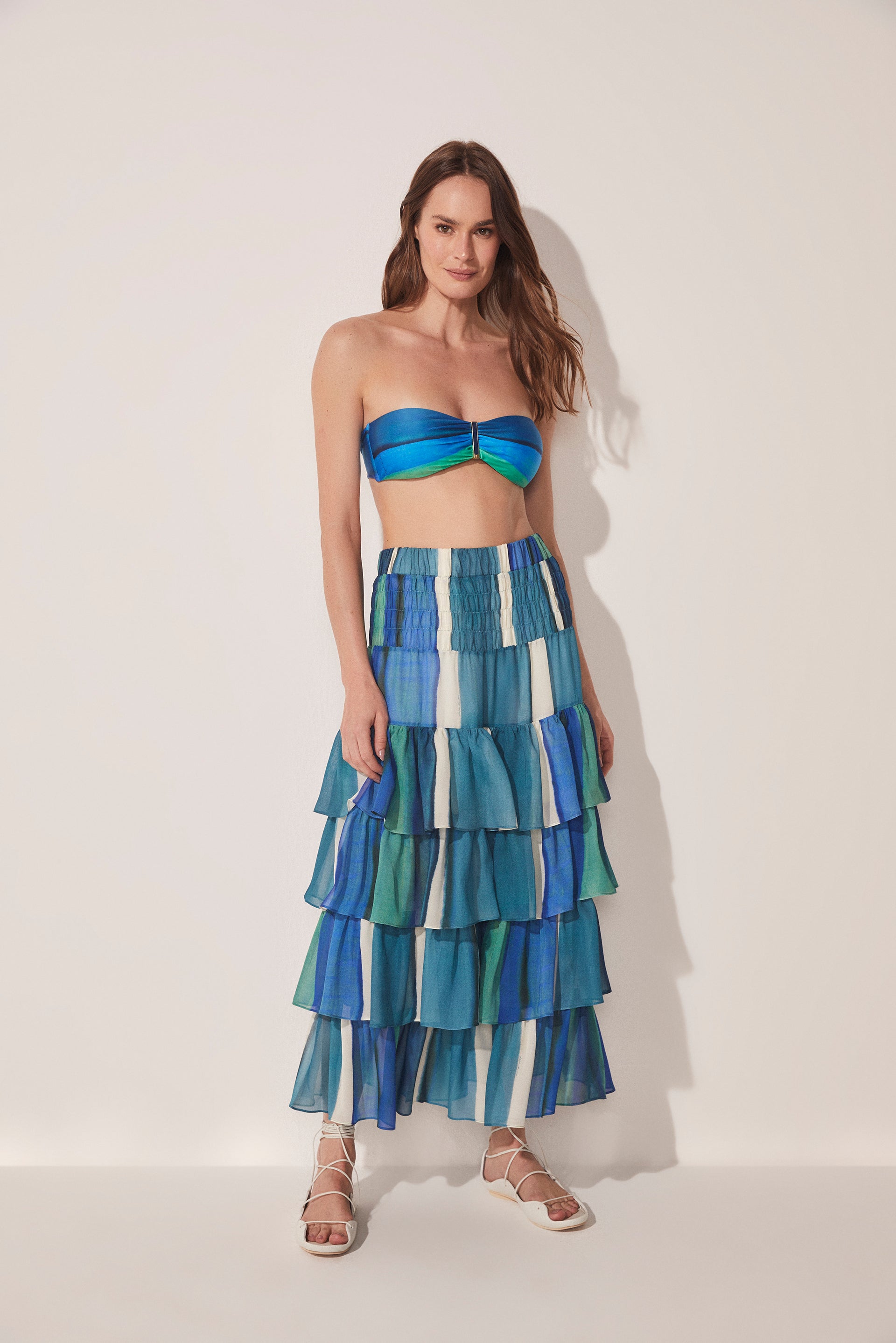 Striped Water Mirror Ruffled Midi Skirt E4617A1643