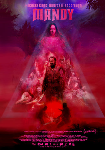 Mandy movie poster - features the characters from the film and movie title on a pink-purple background