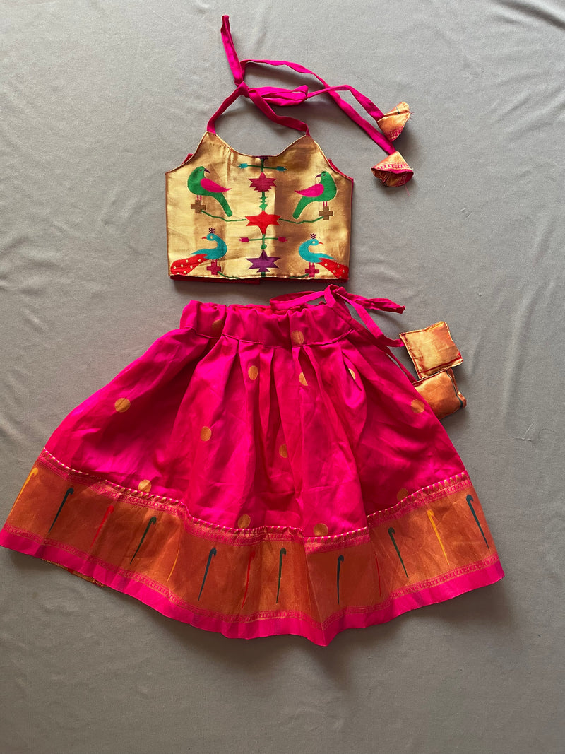Girls pink paithani Skirt with Golden Blouse