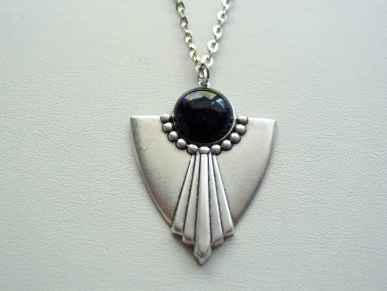 Art Deco Gemstone Black Sunstone Necklace, Art Deco Gemstone Necklace, Oxidized Finish, Art Deco Black Sunstone Pendant