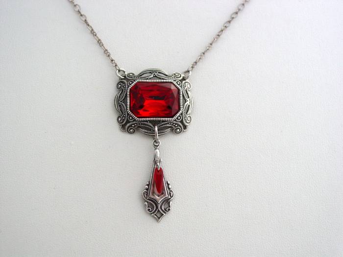 Victorian Oxidized Ruby Red Finish Octagon Drop Necklace Split Chain ...