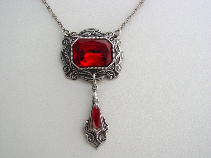 Victorian Oxidized Ruby Red Finish Octagon Drop Necklace Split Chain ...