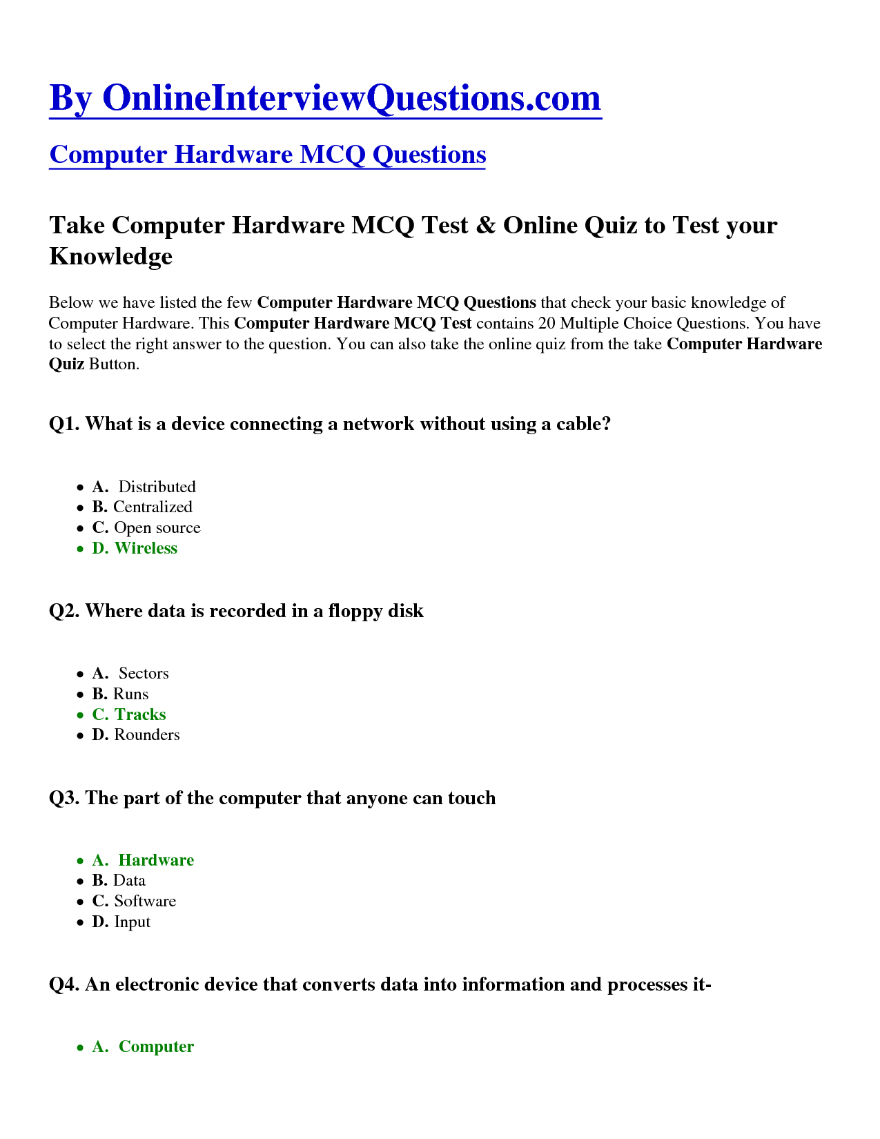 Basic Computer Hardware Test Questions