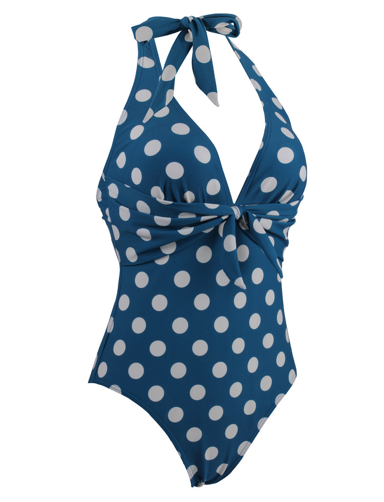 Retro Style Deep V-neck Polka Dot Halter One-Piece Swimsuits | Gardenwed