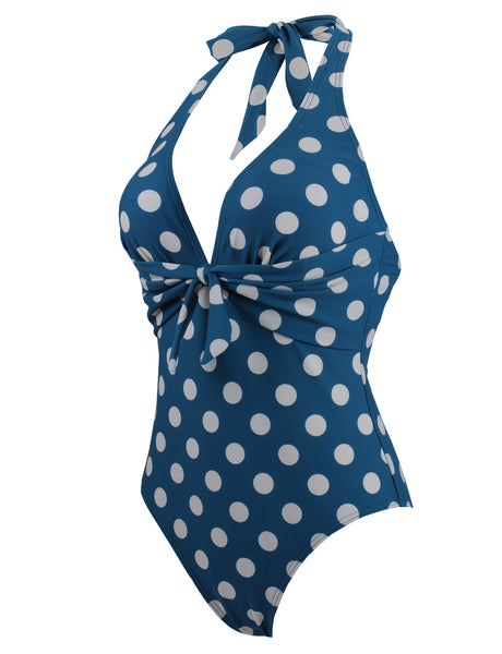 Retro Style Deep V-neck Polka Dot Halter One-Piece Swimsuits | Gardenwed