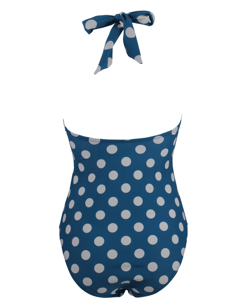 Retro Style Deep V-neck Polka Dot Halter One-Piece Swimsuits | Gardenwed