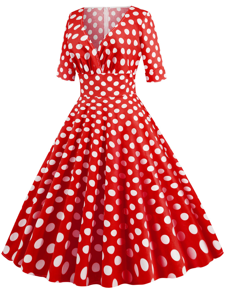 Vintage 1950 Audrey Hepburn V-neck Polka Dot Short Dress | Gardenwed