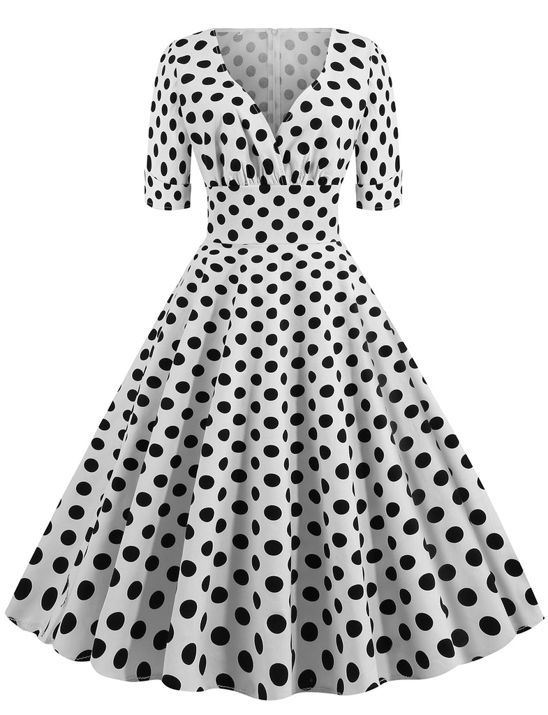 Vintage 1950 Audrey Hepburn V-neck Polka Dot Short Dress | Gardenwed