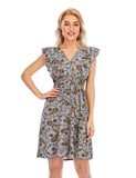 Ruffle Trim Sleeve Wrap V-neck Floral Print Summer Dress | Gardenwed