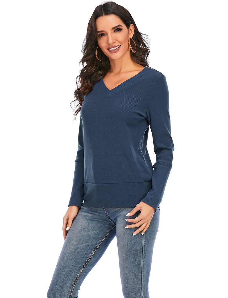 Women V Neck Long Sleeve Casual Pullover Sweatshirts Tops | Gardenwed