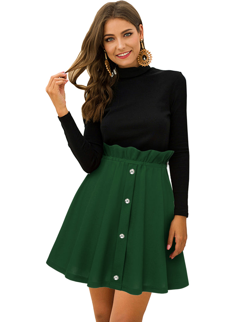 A-Line High Waist Pleated Button Mini Skirt with Elastic Band | Gardenwed
