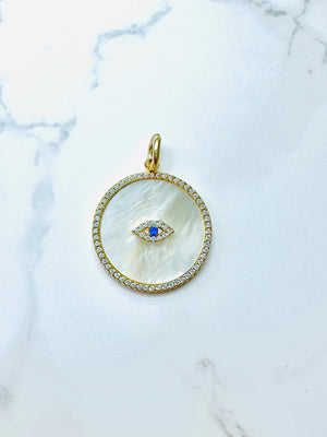 Mother of Pearl Disk Charm with Cz Evil Eye - Menagerie Boutique