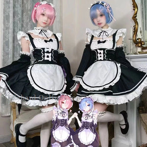 Ram Rem Lolita Maid Cosplay Costumes Wig Pecula Vestido Anime Re:zero Kara Hajimeru Isekai Seikatsu Cosplay Halloween Maid Dress - CosCouture