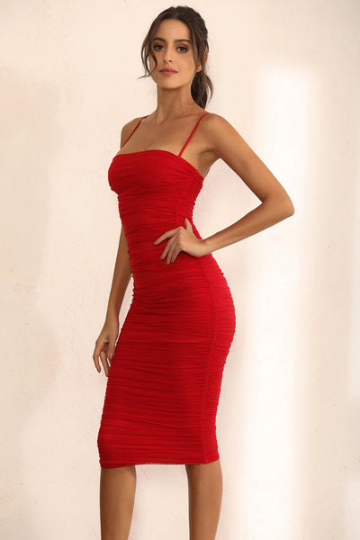 Ruched Mesh Bodycon Midi Dress In Red Miss Floral 9586