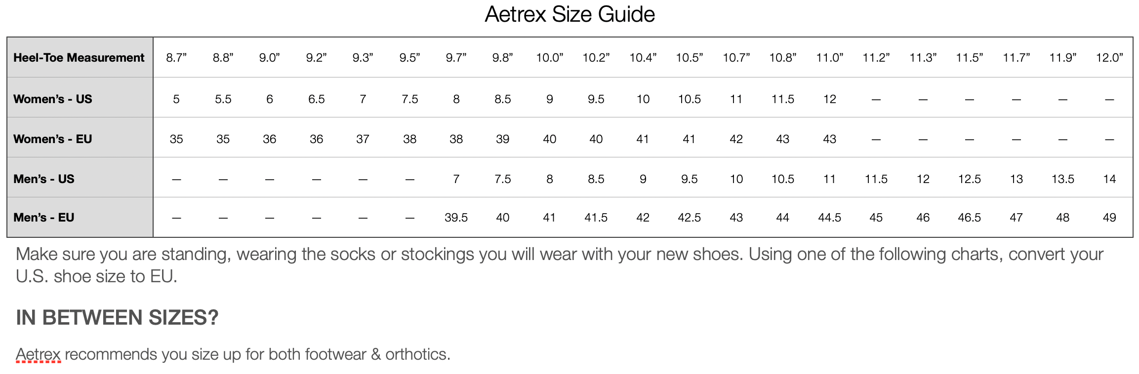 Aetrex Shoe Sandal Slipper Orthotic Size Guide Chart