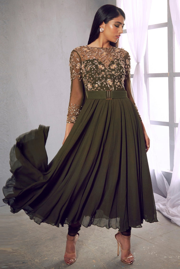 olive green anarkali