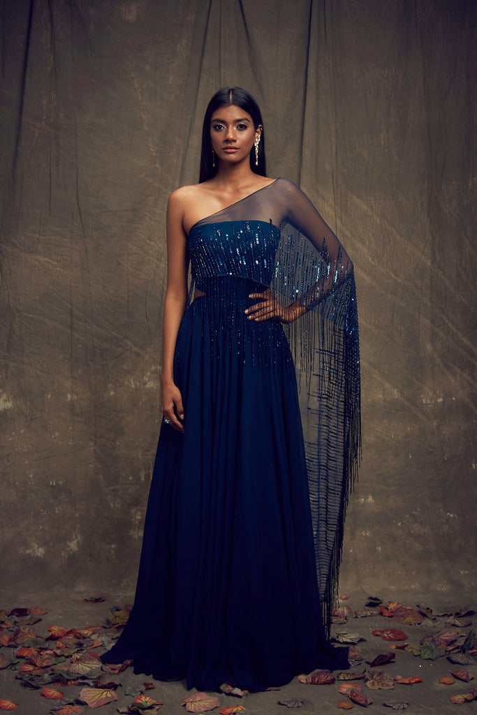 blue one shoulder gown