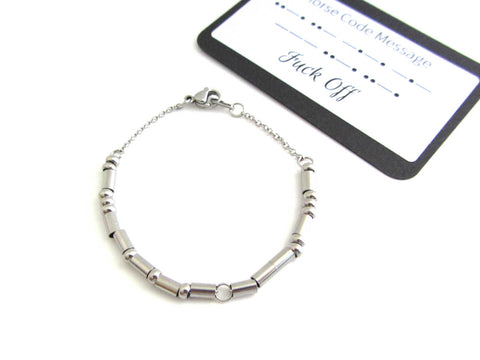 'Fuck Off' bracelet written in morse code stainless steel beads on a stainless steel chain with morse code message card