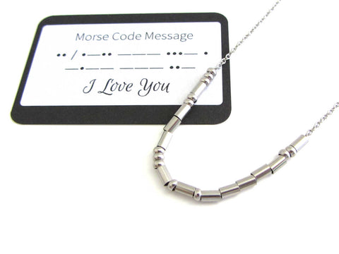'I love you' necklace written in morse code stainless steel beads on a stainless steel chain with morse code message card