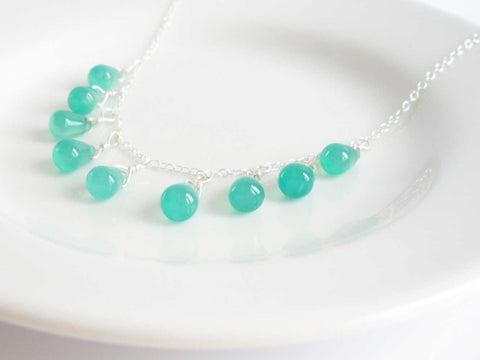 Green Agate Teardrop Gemstones Sterling Silver Necklace