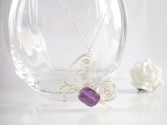 Purple Amethyst Sterling Silver Wire Wrapped Butterfly Necklace
