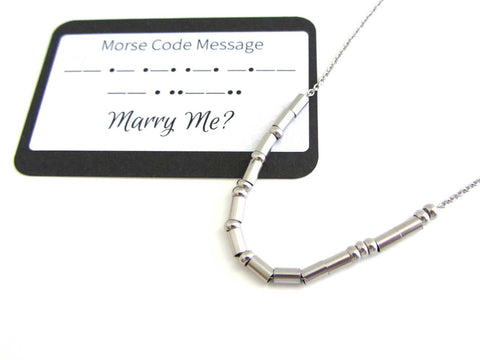 'Marry Me?' necklace written in morse code stainless steel beads on a stainless steel chain with morse code message card