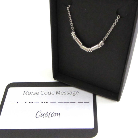 Custom Morse Code Stainless Steel Necklace Box Close Up Thin Dot STN260 large