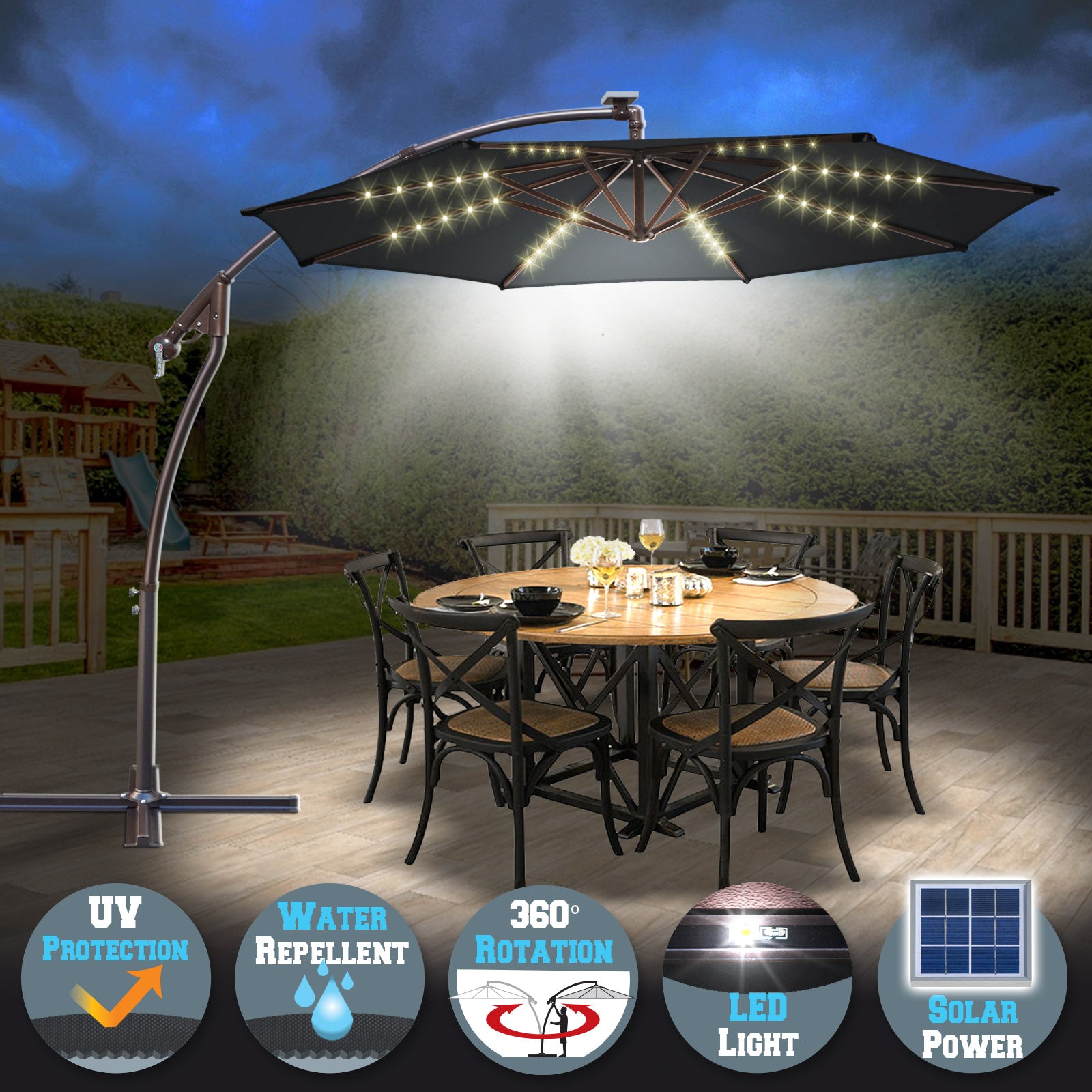 9 Ft Solar Powered Led Cantilever Umbrella Offset Hanging Patio Umbrel Sunny Outdoor Us