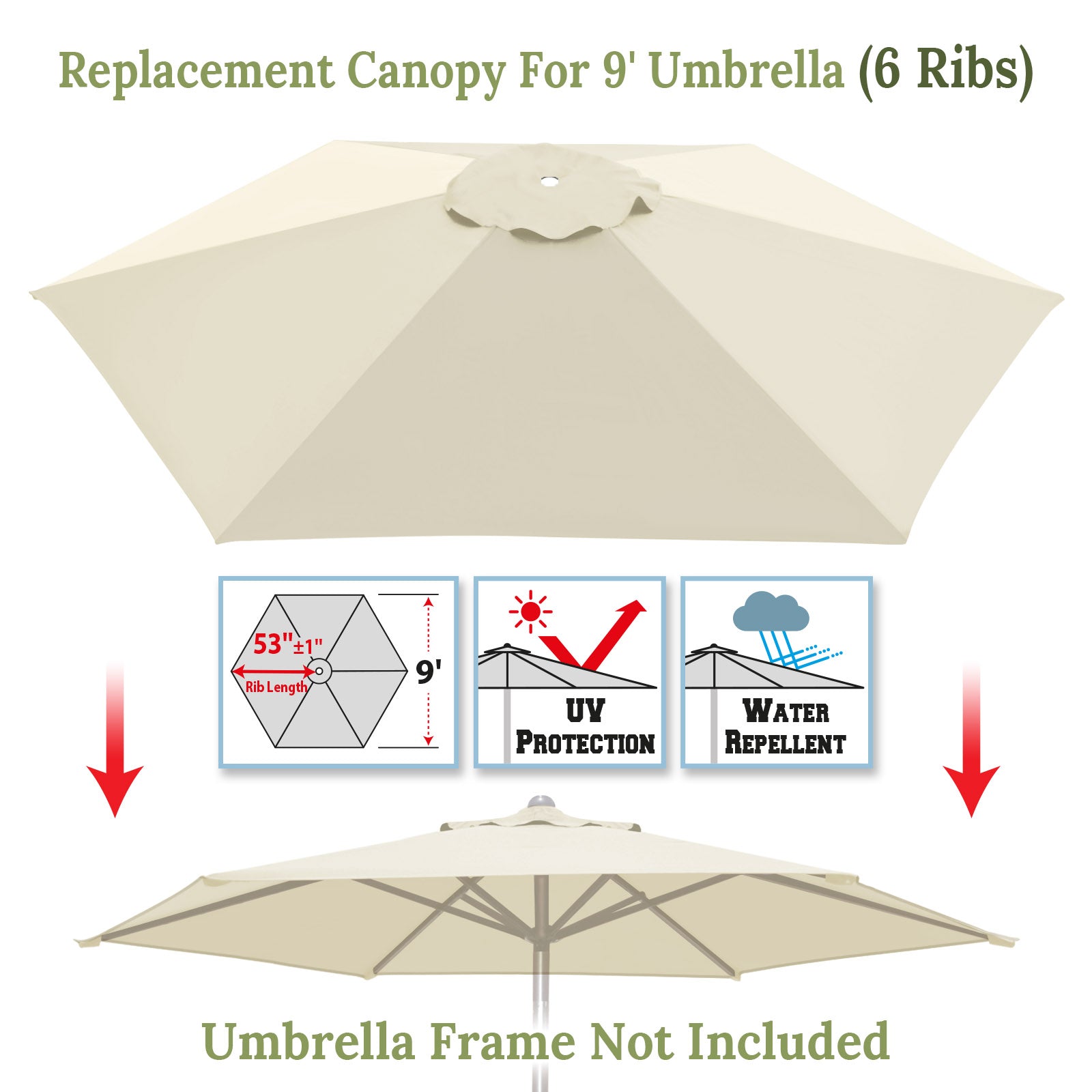 9ft Replacement Market Umbrella Canopy 6 Ribs in Light Blue Canopy Only 