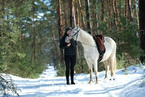 A woman and her white horse are taking a walk in the snow.