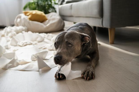 A dog messing up the toilet paper with a sad face.